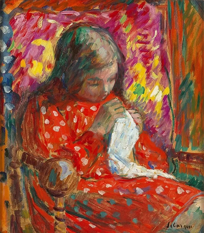 Giovane ragazza che cuce, ca. 1925